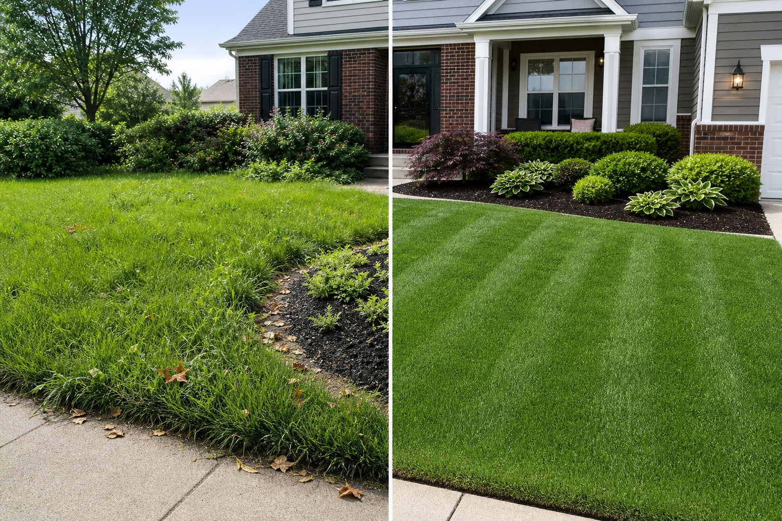 Before and after lawn care transformation showing a cleaner, freshly maintained yard.