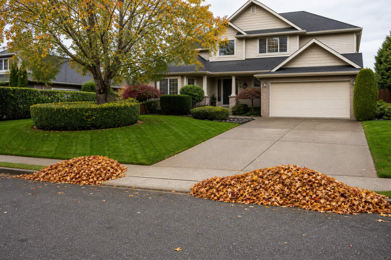 Clean residential yard after seasonal leaf cleanup.