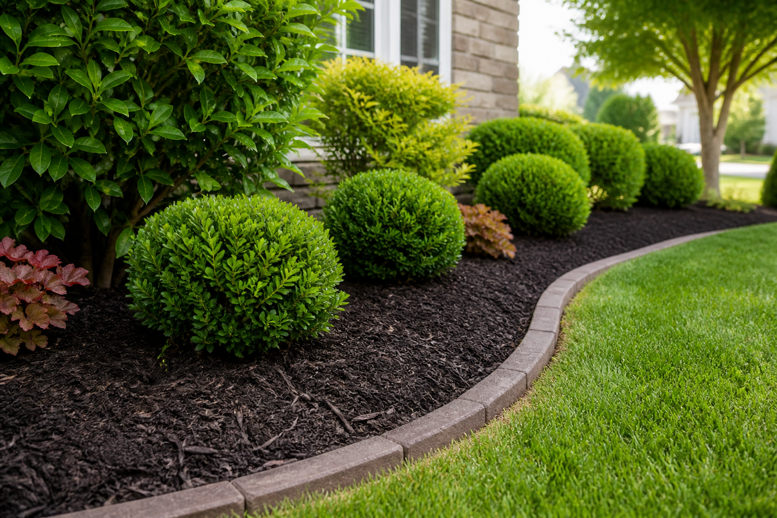 Fresh mulch bed with clean edging around trimmed shrubs.